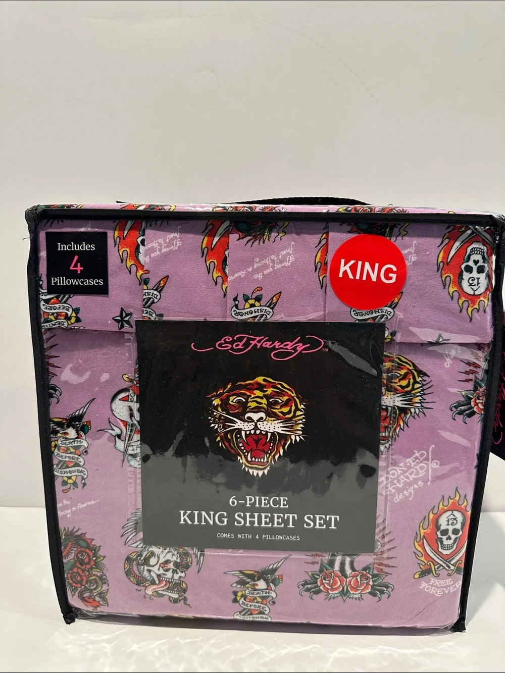NWT Ed Hardy Death Before Dishonor 6 Piece King Sheet Set with 4 Pillowcases.